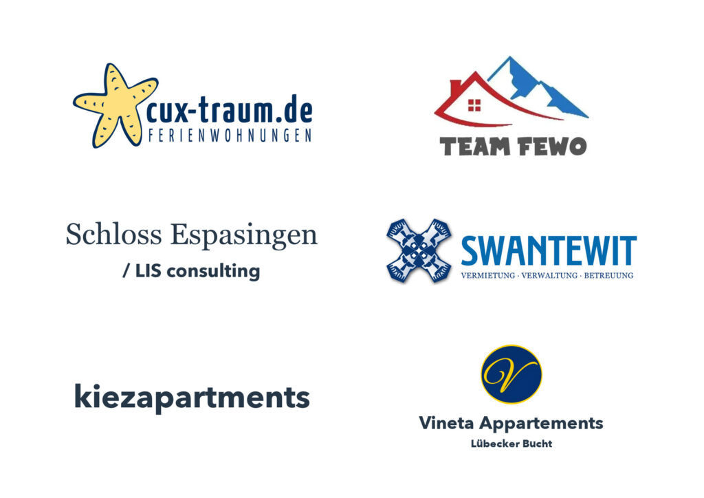 vOffice-Neukunden September 2026: Logos von Cux-Traum, TEAM FEWO, Swantewit und Vineta Appartements sowie die Namen Schloss Espasingen/LIS consulting und kiezapartments